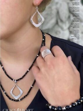 Grace & Heart Silver Teardrop Necklace in Black